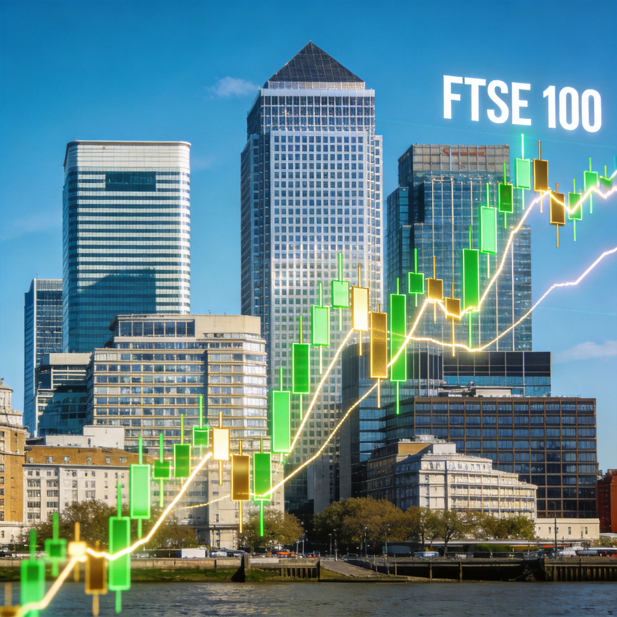 London financial district skyline with market chart overlay